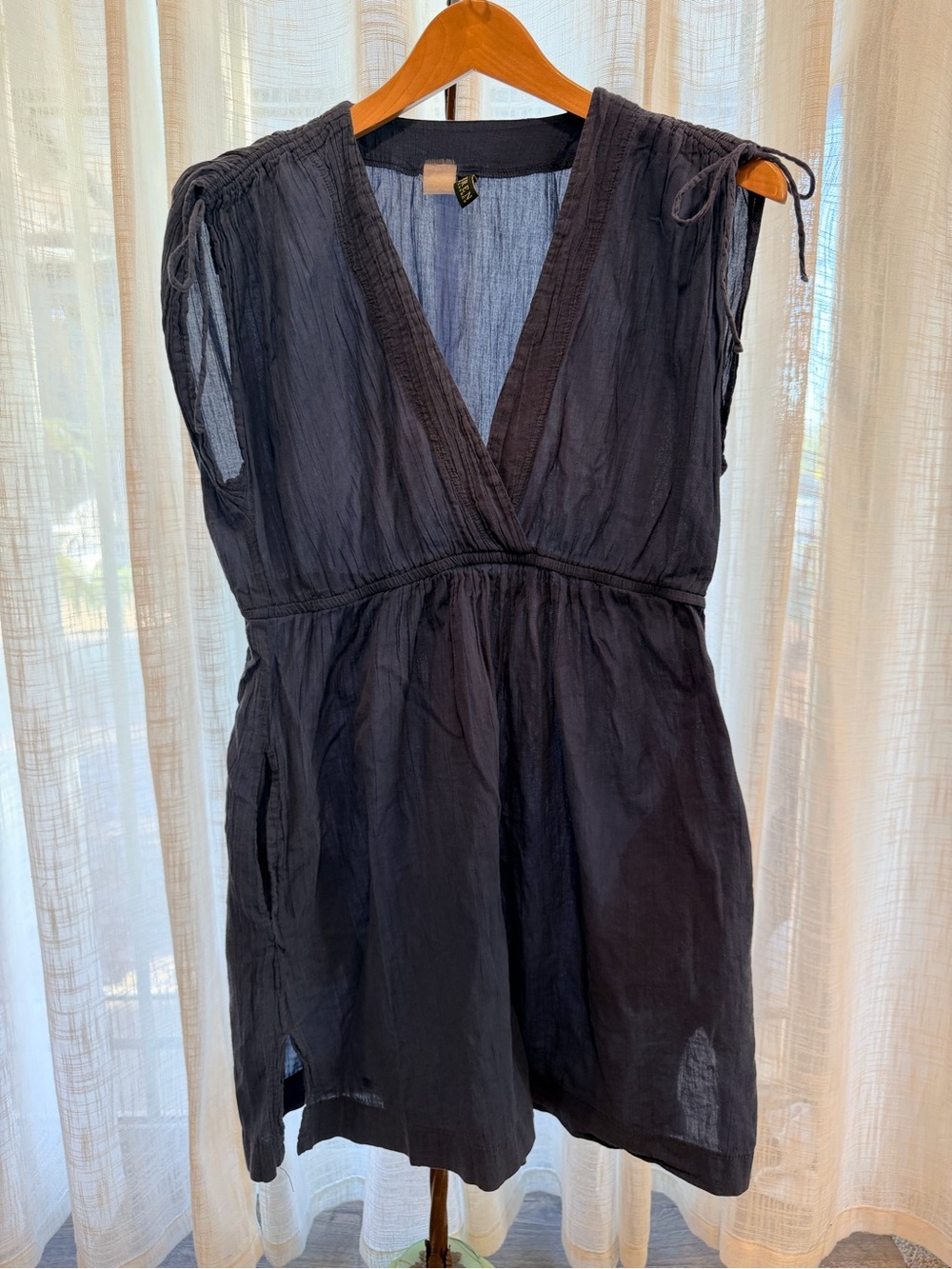 GT-0132 Lauren Ralph Lauren Navy Crinkle Gauze Dress Ruched Tie Shoulder